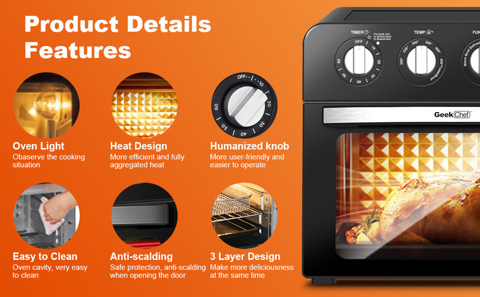 Chef  Air Fryer Oven , Countertop Toaster Oven,3-Rack Levels, 4 mechinical knobs(24 QT 1700W)
