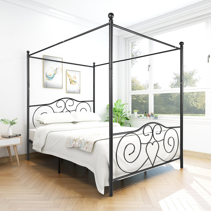 Metal Canopy Bed Frame with Vintage Style Headboard &amp; Footboard Sturdy Steel Holds 600lbs Perfectly Fits Your Mattress Easy DIY Assembly All Parts Included, Queen Black