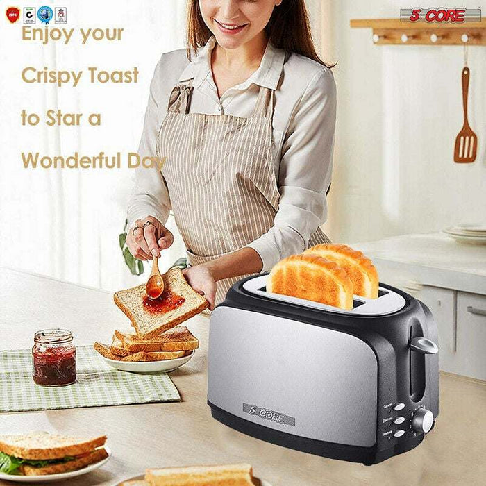 Toaster 2 Slice Stainless Steel Bread Toster Extra Wide Reheat Functions Removable Crumb Tray