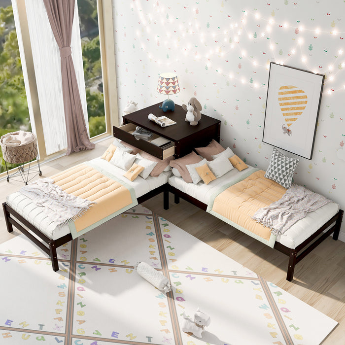 Grenco Twin Size L-Shaped Platform Beds with Drawers