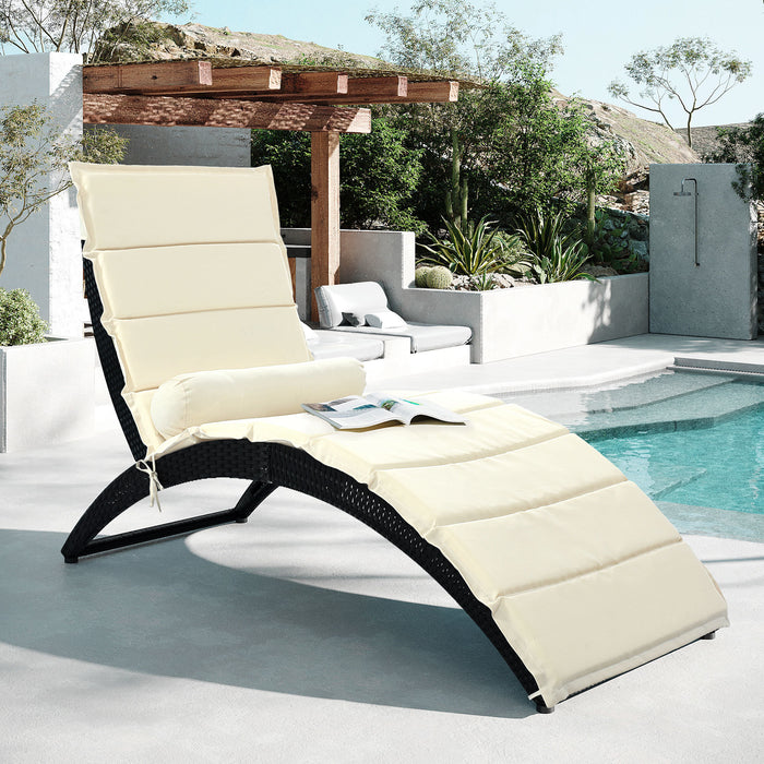 Patio Wicker Sun Lounger, PE Rattan Foldable Chaise Lounger with Removable Cushion and Bolster Pillow, Black Wicker and Beige Cushion