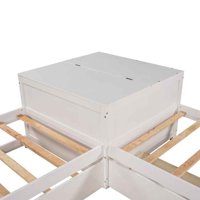 L-shaped Platform Bed with Trundle and Drawers Linked with built-in Flip Square Table,Twin