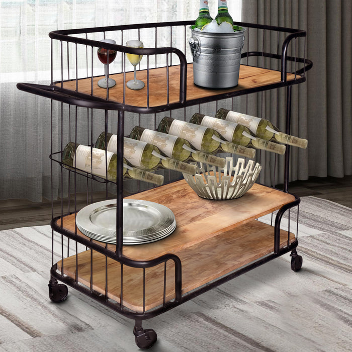 Metal Frame Bar Cart with Wooden Top and 2 Shelves; Black and Brown; DunaWest
