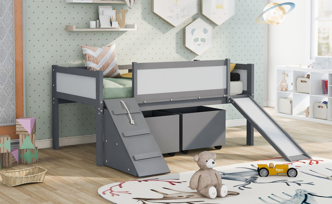 New Space Twin size Low Loft Bed Wooden Bed with Two Storage Boxes