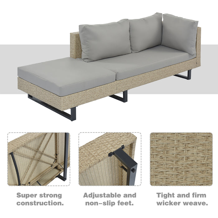 3-piece Outdoor Wicker Sofa Patio Furniture Set, L-shaped Corner Sofa, Water And UV Protected, Two Glass Table, Adjustable Feet And 3.1" Thicker Cushion, Light Gray Cushion and Beige Wicker