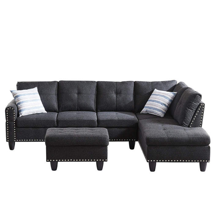 Modern Sectional Sofa Set with Chaise Lounge and Storage Ottoman 6 Seat Corner Sectional Black L Shaped Living Room Couch with Cupholder, Arm with nail, Right chaise