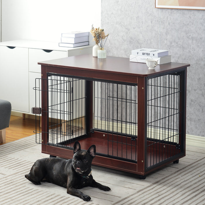 39' Length Furniture Style Pet Dog Crate Cage End Table with Wooden Structure and Iron Wire and Lockable Caters, Medium and Large Dog House Indoor Use.