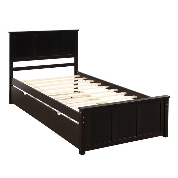Twin Bed Frames with Headboard, Wood Twin Bed with Trundle, Platform Bed for Guest Room, Boys and Girls, Twin Size, Espresso RT