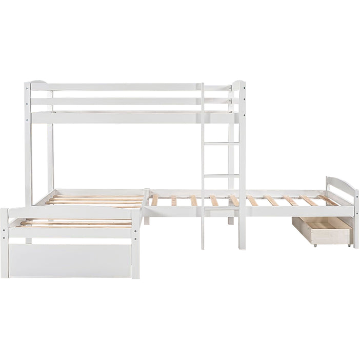 Twin Over Twin L-shaped Bunk Bed with Two Drawers, Pine Wood Bed Frame