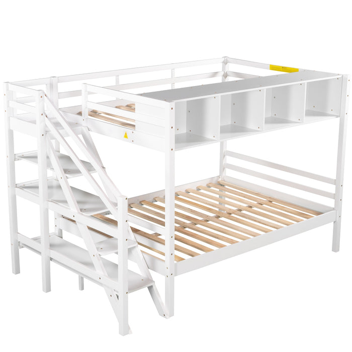 New Space Twin over Full Bunk Bed with Staircase and Built-in Storage Cabinets