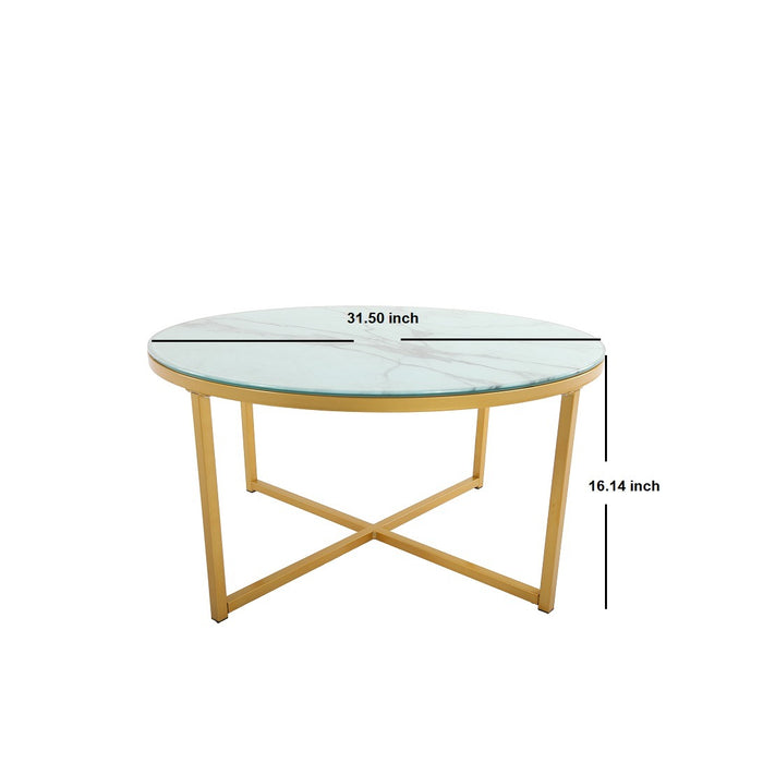 Cross Legs Glass Coffee Table with Metal Base, Marble White Top and Golden