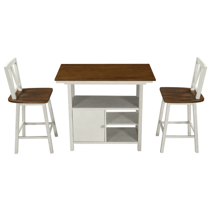 Farmhouse 3-Piece Counter Height Dining Table Set, Wooden Kitchen Table Set with Storage Cabinet and Shelves for Small Places