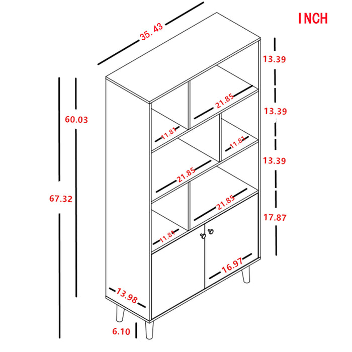 67\" Bookcase with Doors, 3-tier Bookshelf