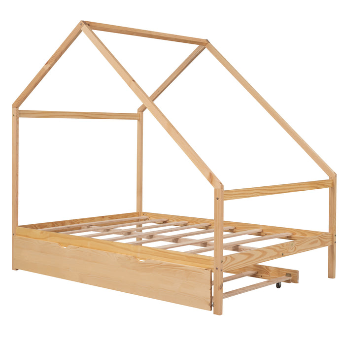 New Space Full Size Wooden House Bed With Twin Size Trundle
