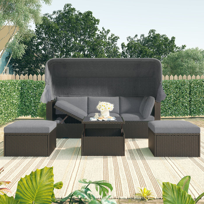 Outdoor Patio Rectangle Daybed with Retractable Canopy, Wicker Furniture Sectional Seating with Washable Cushions, Backyard, Porch