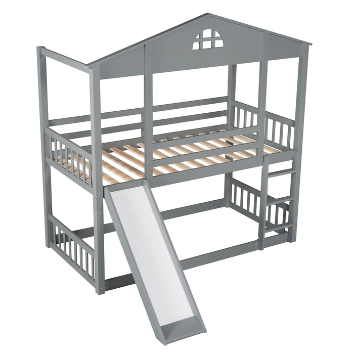 MyRoom Twin Over Twin House Bunk Bed With Convertible Slide And Ladder