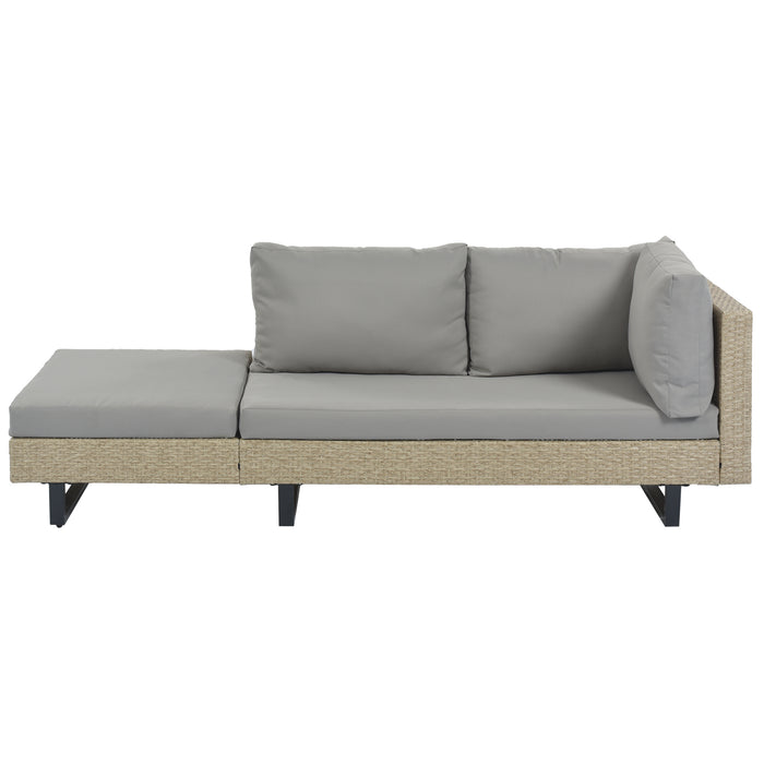 3-piece Outdoor Wicker Sofa Patio Furniture Set, L-shaped Corner Sofa, Water And UV Protected, Two Glass Table, Adjustable Feet And 3.1" Thicker Cushion, Light Gray Cushion and Beige Wicker