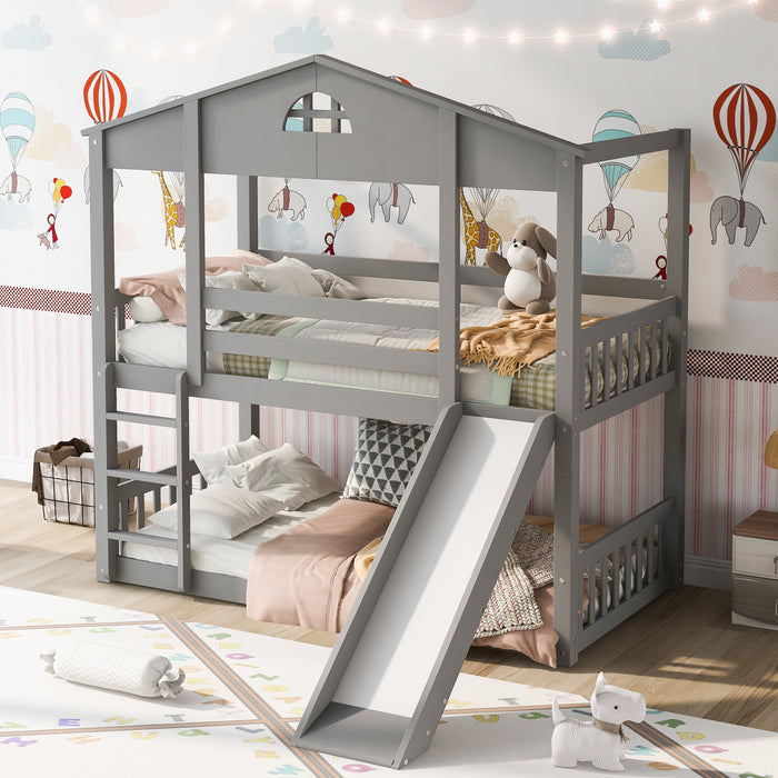 MyRoom Twin Over Twin House Bunk Bed With Convertible Slide And Ladder