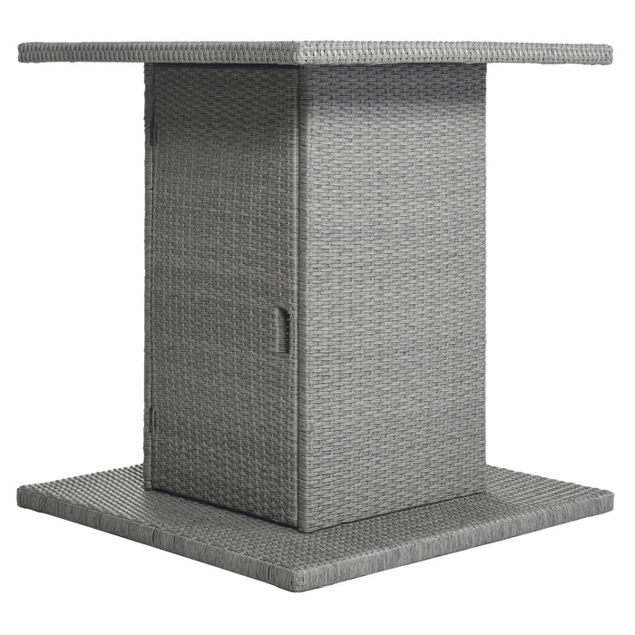 Patio 5-Piece Rattan Dining Table Set, PE Wicker Square Kitchen Table Set with Storage Shelf and 4 Padded Stools for Poolside, Garden, Gray Wicker+Dark Gray Cushion