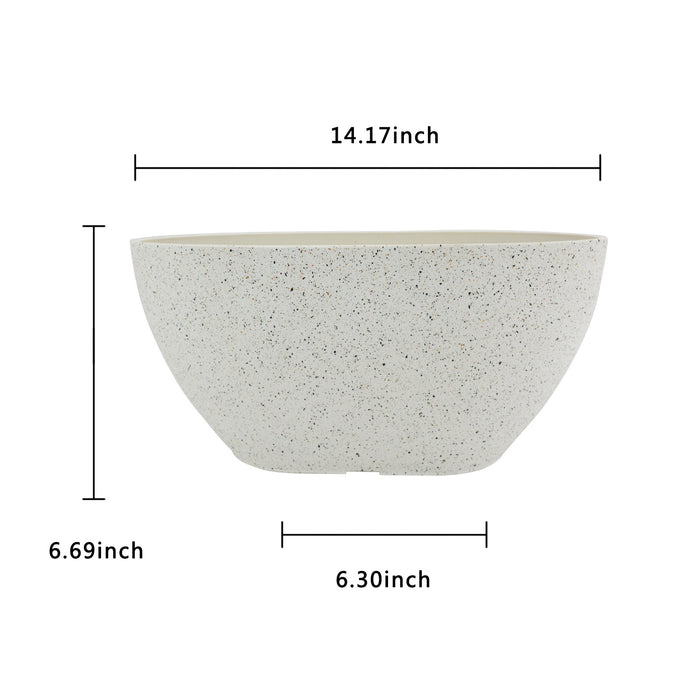 2 Pcs 14" Oval Plant Pots, Flower Pots with Drainage Holes, Plastic Planter with Marble Pattern for Home Garden, White