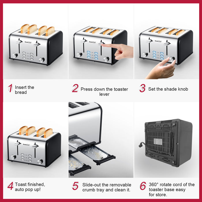 Toaster 4 Slice, Geek Chef Stainless Steel Extra-Wide Slot Toaster with Dual Control Panels of Bagel/Defrost/Cancel Function, 6 Toasting Bread Shade Settings.  YJ