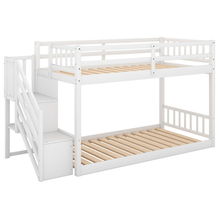 Twin over Twin Floor Bunk Bed, Ladder with Storage