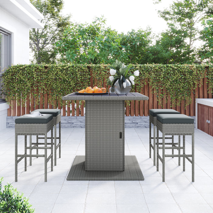 Patio 5-Piece Rattan Dining Table Set, PE Wicker Square Kitchen Table Set with Storage Shelf and 4 Padded Stools for Poolside, Garden, Gray Wicker+Dark Gray Cushion