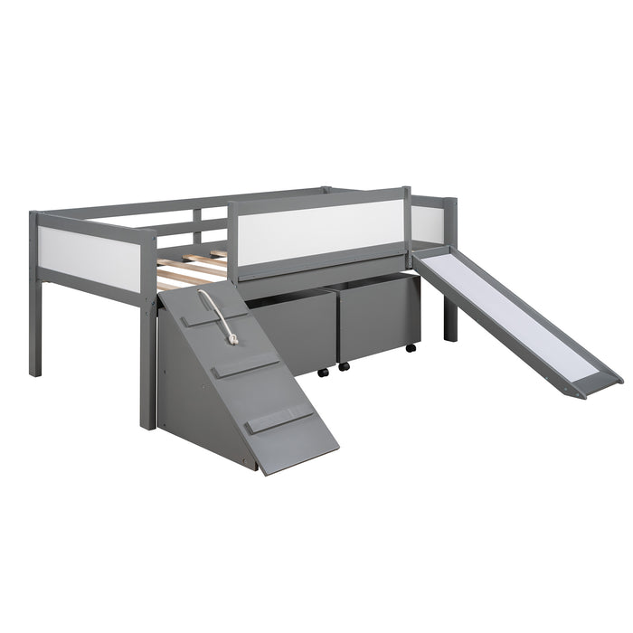 New Space Twin size Low Loft Bed Wooden Bed with Two Storage Boxes