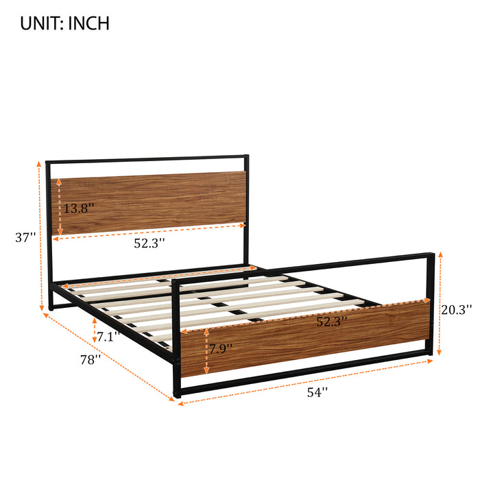 Full Size Metal and Wood Platform Bed with Headboard and Footboard ,No Box Spring needed , Wood Slat Support RT