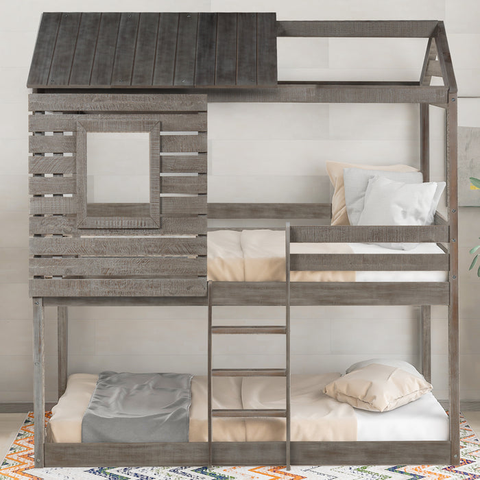 Twin Over Twin Bunk Bed Wood Loft Bed with Roof, Window, Guardrail, Ladder