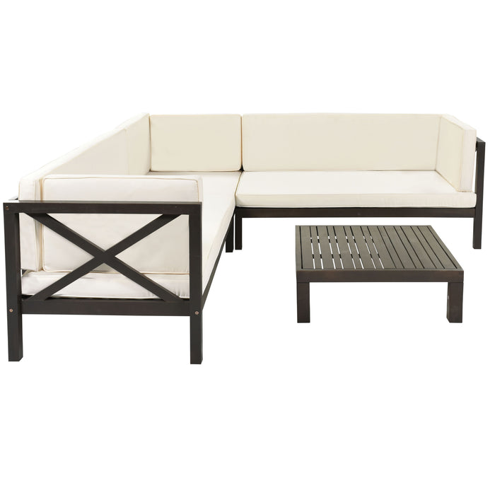 Outdoor Wood Patio Backyard 4-Piece Sectional Seating Group with Cushions and Table X-Back Sofa Set for Small Places
