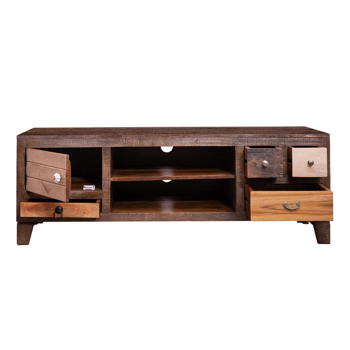 DunaWest 57 Inch 4 Drawer Media Console Cabinet with 1 Door and 2 Open Compartments, Brown