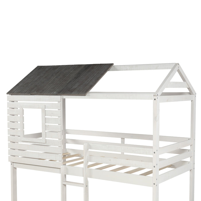 Twin Over Twin Bunk Bed Wood Loft Bed with Roof, Window, Guardrail, Ladder