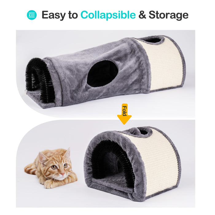 Cat Tunnel Bed Cat House Sisal Scratching Bed with Self Groomer Massager Plush Balls Collapsible for Indoor Cats