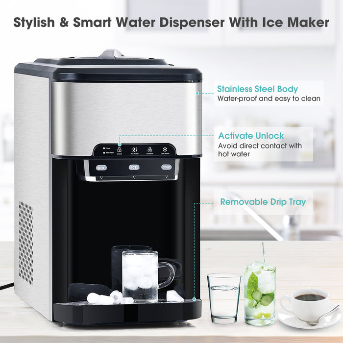 3 in 1 Water Dispenser with Ice Maker Countertop, Portable Water Cooler, Quick 6 Mins Ice-making, Hot & Cold Water and Ice, Top Loading or Bottleless, Stainless Steel
