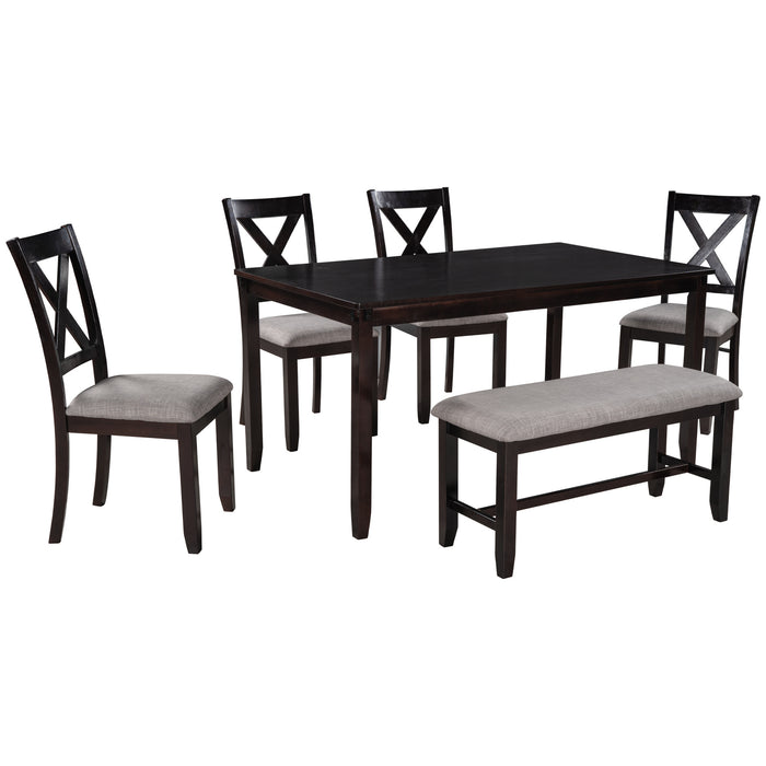 6-Piece Kitchen Dining Table Set Wooden Rectangular Dining Table, 4 Fabric Chairs and Bench Family Furniture