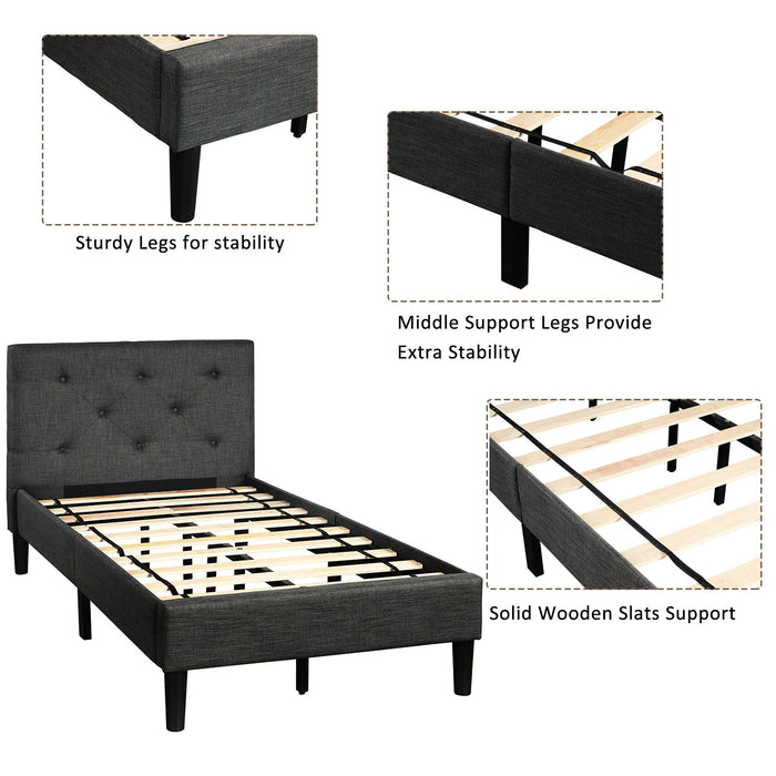Upholstered Button Tufted Platform Bed with Strong Wood Slat Support (Twin, Gray) RT