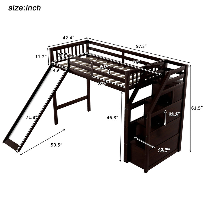 Twin Size Loft Bed with Storage and Slide, Espresso