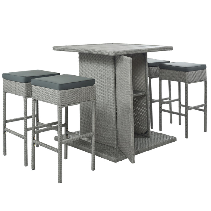 Patio 5-Piece Rattan Dining Table Set, PE Wicker Square Kitchen Table Set with Storage Shelf and 4 Padded Stools for Poolside, Garden, Gray Wicker+Dark Gray Cushion