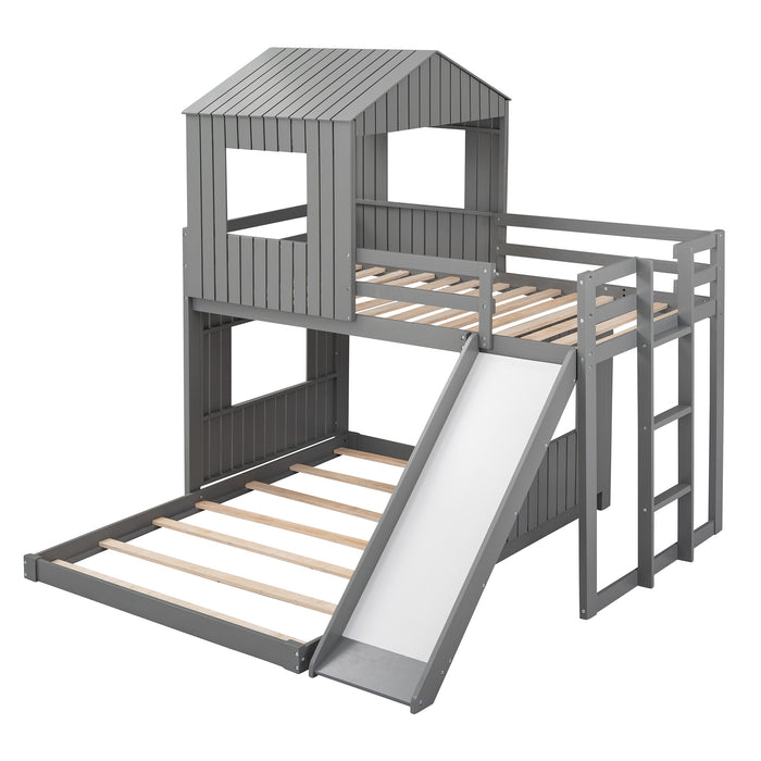 New Space Wooden Twin Over Full Bunk Bed, Loft Bed with Playhouse