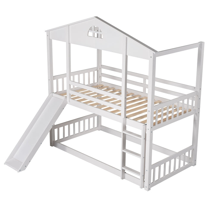 MyRoom Twin Over Twin House Bunk Bed With Convertible Slide And Ladder