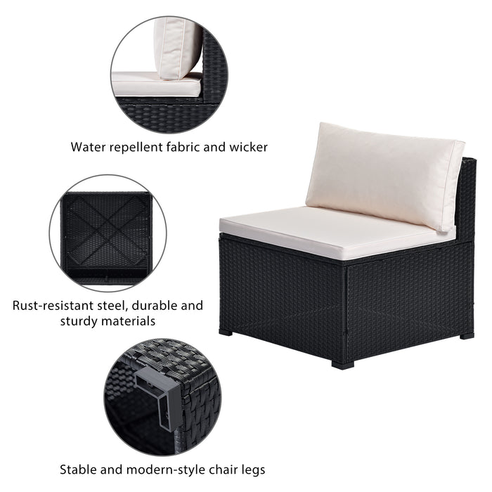 6-Piece Outdoor Furniture Set with PE Rattan Wicker, Patio Garden Sectional Sofa Chair, removable cushions (Black wicker, Beige cushion)