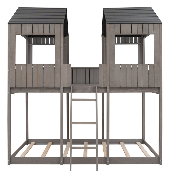 New Space Full Over Full Wood Bunk Bed with Roof Window