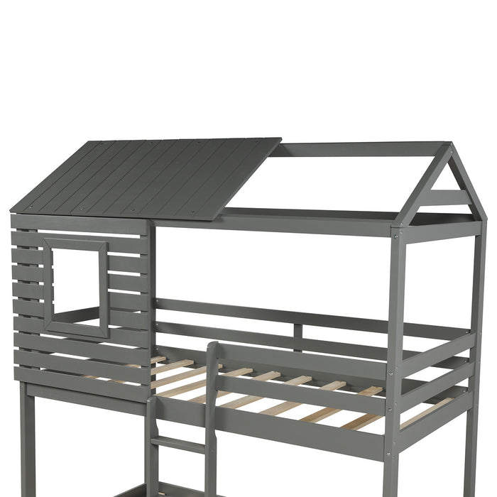 Twin Over Twin Bunk Bed Wood Loft Bed with Roof, Window, Guardrail, Ladder