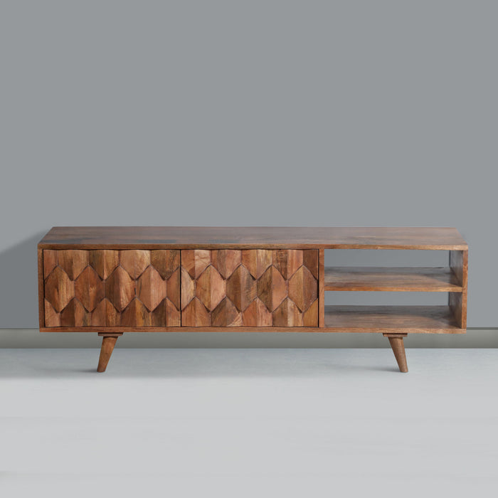 DunaWest Ero 57 Inch Mango Wood Media Console TV Cabinet, 2 Honeycomb Inlaid Doors, Natural Brown