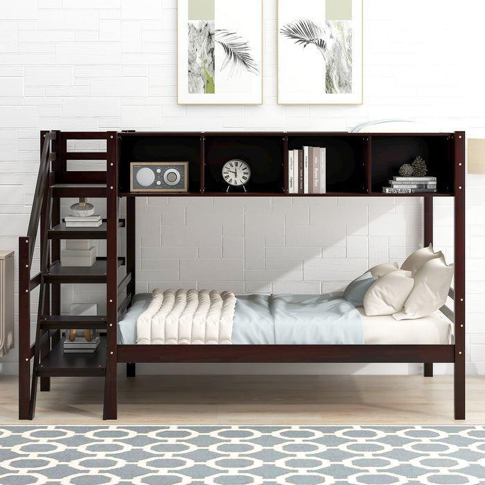 New Space Twin over Full Bunk Bed with Staircase and Built-in Storage Cabinets