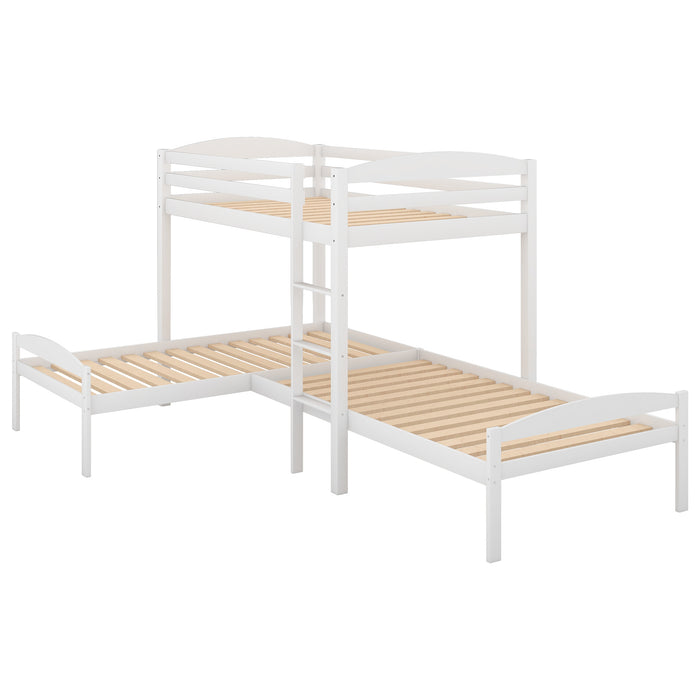 Twin over Twin over Twin Bed L-shaped Bunk Bed, Pine Wood Bed Frame