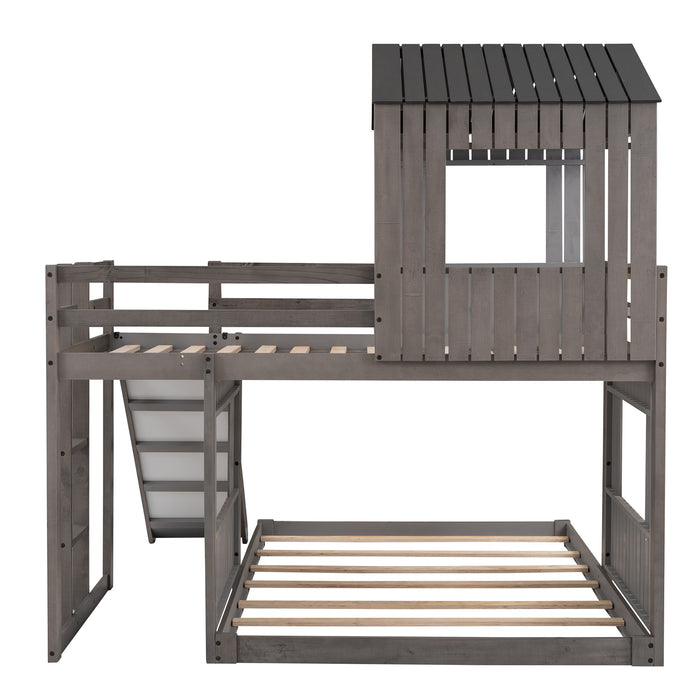 New Space Wooden Twin Over Full Bunk Bed, Loft Bed with Playhouse