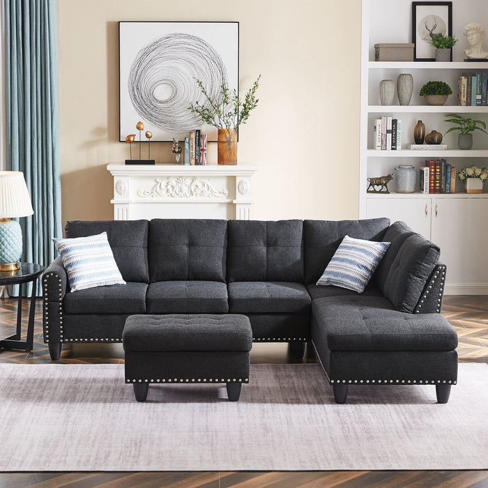 Modern Sectional Sofa Set with Chaise Lounge and Storage Ottoman 6 Seat Corner Sectional Black L Shaped Living Room Couch with Cupholder, Arm with nail, Right chaise