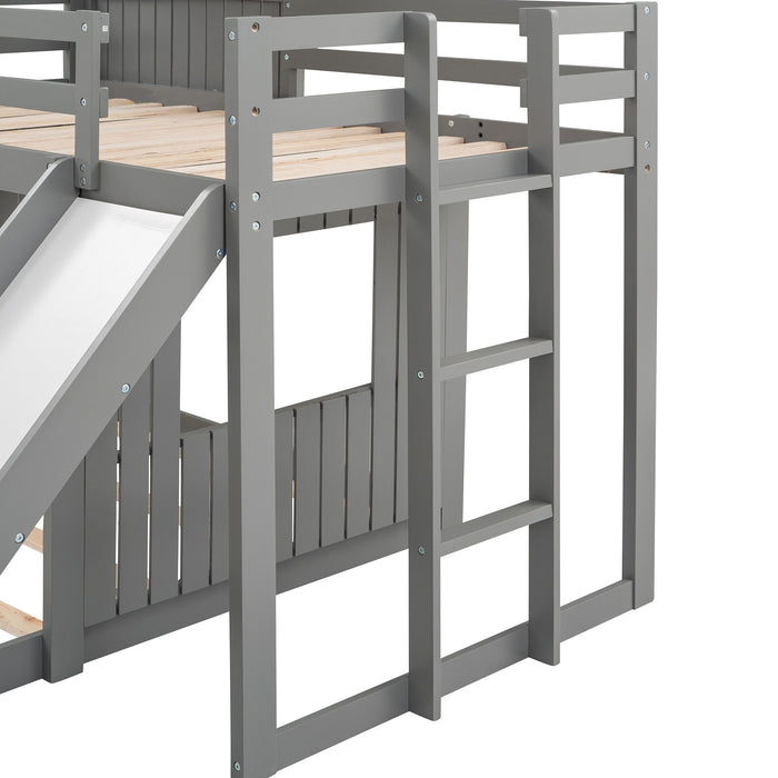 New Space Wooden Twin Over Full Bunk Bed, Loft Bed with Playhouse